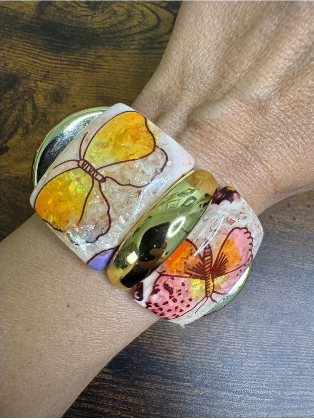 Butterfly Resin and Gold-Tone Cuff Stretch Bracelet - Pink & Yellow